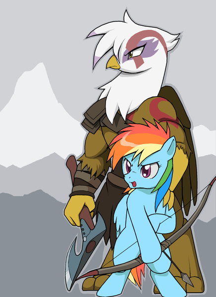 Size: 918x1263 | Tagged: safe, artist:droll3, derpibooru import, gilda, rainbow dash, anthro, gryphon, pegasus, pony, anthro with ponies, archer dash, arrow, atreus, axe, bow (weapon), bow and arrow, crossover, female, god of war, kratos, mare, weapon