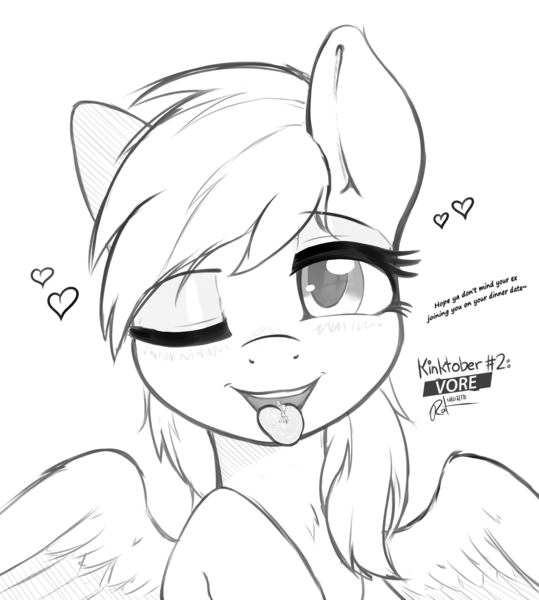 Size: 2550x2838 | Tagged: suggestive, artist:ratofdrawn, derpibooru import, edit, lightning dust, rainbow dash, soarin', pegasus, pony, blushing, cute, dashabetes, dialogue, drool, fetish, floating heart, grayscale, heart, imminent vore, inktober, kinktober, kinktober2018, looking at you, macro, micro, monochrome, multiple prey, one eye closed, open mouth, preddash, size difference, tongue out, vore, wink