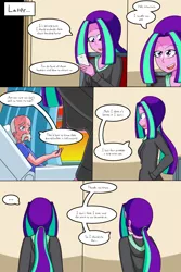 Size: 1050x1575 | Tagged: safe, artist:jake heritagu, derpibooru import, aria blaze, oc, oc:smooth tone, comic:aria's archives, comic:nursing home, equestria girls, chair, clothes, comic, curtains, dialogue, female, hoodie, male, mother and child, mother and son, offspring, parent:aria blaze, phone, speech bubble, window