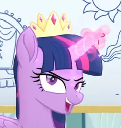 Size: 315x332 | Tagged: alicorn, cropped, crown, >:d, derpibooru import, evil grin, glowing horn, grin, happy, horn, jewelry, looking at you, magic, my little pony: the movie, regalia, safe, screencap, smiling, smirk, solo, twilight sparkle, twilight sparkle (alicorn)