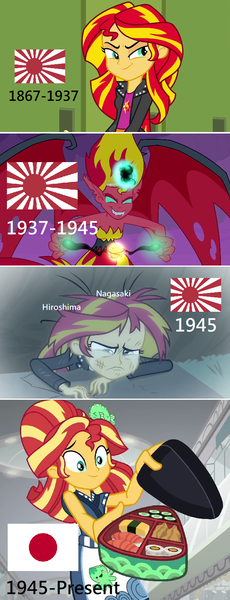 Size: 628x1636 | Tagged: safe, derpibooru import, edit, edited screencap, screencap, sunset shimmer, eqg summertime shorts, equestria girls, equestria girls (movie), good vibes, comic, eqg flag-tag meme, japan, japanese empire, screencap comic, sunset satan