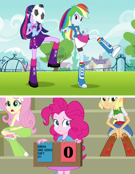 Size: 1272x1640 | Tagged: safe, derpibooru import, edit, edited screencap, screencap, applejack, fluttershy, pinkie pie, rainbow dash, twilight sparkle, twilight sparkle (alicorn), alicorn, equestria girls, equestria girls (movie), football, kinda one-sided isn't it, ouch, space jam, sports