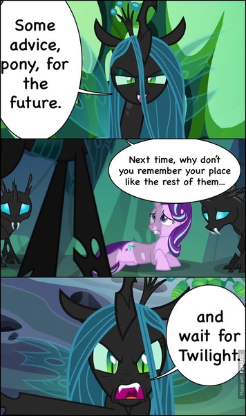 Size: 604x1019 | Tagged: safe, derpibooru import, edit, edited screencap, screencap, queen chrysalis, starlight glimmer, changeling, changeling queen, pony, unicorn, to where and back again, cell (dbz), comic, dragonball z abridged, female, implied twilight sparkle, mare, perfect cell, screencap comic, team four star, vegeta