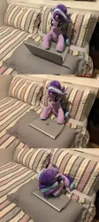 Size: 1200x2688 | Tagged: safe, artist:nekokevin, derpibooru import, starlight glimmer, pony, unicorn, series:nekokevin's glimmy, bed, bedsheets, computer, faceplant, female, glasses, irl, laptop computer, mare, photo, pillow, plushie, raised hoof, smiling, solo