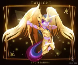 Size: 3840x3232 | Tagged: safe, artist:zidanemina, derpibooru import, twilight sparkle, twilight sparkle (alicorn), alicorn, pony, archer, armor, arrow, bow (weapon), bow and arrow, crossover, female, god cloth, gold cloth, gold saint, helmet, hoof hold, mare, sagittarius, saint seiya, solo, weapon, zodiac