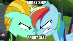 Size: 888x500 | Tagged: suggestive, derpibooru import, edit, edited screencap, editor:icey-wicey-1517, screencap, lightning dust, rainbow dash, pegasus, pony, the washouts (episode), angry, angry sex, bleachers, boop, caption, clothes, duo, duo female, female, females only, foe yay, glare, gritted teeth, image macro, imgflip, implied lesbian, implied rainbowdust, implied sex, implied shipping, mare, meme, nose wrinkle, noseboop, sex, text, the washouts, tree, uniform, washouts uniform