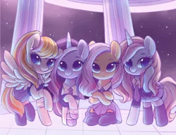 Size: 2000x1537 | Tagged: safe, artist:dressella, derpibooru import, oc, ponified, earth pony, pegasus, pony, unicorn, as if it's your last, blackpink, clothes, cute, female, group, jennie, jisoo, lisa, looking at you, looking away, mare, necktie, ocbetes, pleated skirt, rosé, school uniform, skirt, smiling, socks, thigh highs