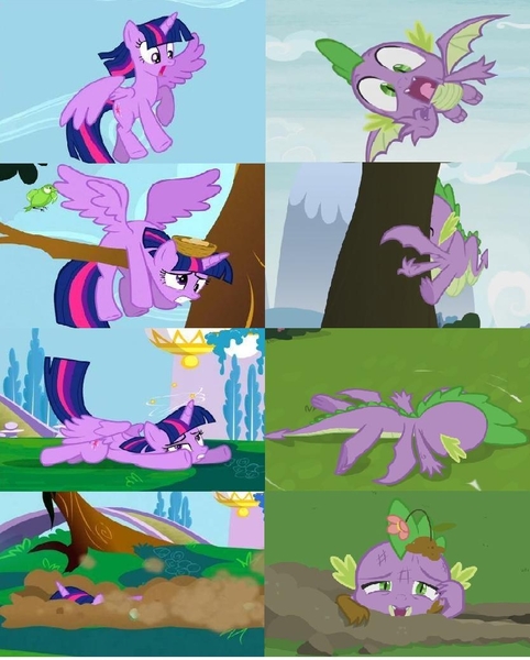 Size: 834x1038 | Tagged: safe, derpibooru import, edit, edited screencap, screencap, spike, twilight sparkle, twilight sparkle (alicorn), alicorn, dragon, pony, father knows beast, princess twilight sparkle (episode), comparison, dirt, faceplant, female, male, mare, meme, mud, spread wings, winged spike, wings