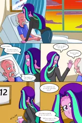 Size: 1050x1575 | Tagged: safe, artist:jake heritagu, derpibooru import, aria blaze, oc, oc:smooth tone, comic:aria's archives, comic:nursing home, equestria girls, bust, clothes, comic, curtains, dialogue, female, hoodie, male, mother and child, mother and son, offspring, parent:aria blaze, portrait, speech bubble, window