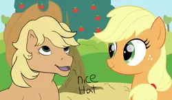 Size: 960x560 | Tagged: safe, artist:trash anon, derpibooru import, applejack, applejack (g1), earth pony, pony, my little pony 'n friends, 35th anniversary, accessory swap, apple, apple tree, applejack's hat, cowboy hat, dialogue, eyes on the prize, food, g1, g1 to g4, generation leap, generational ponidox, hat, looking at each other, looking up, open mouth, smiling, talking, tree