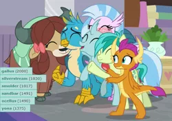 Size: 647x455 | Tagged: safe, derpibooru import, edit, edited screencap, screencap, gallus, ocellus, sandbar, silverstream, smolder, yona, changedling, changeling, classical hippogriff, dragon, earth pony, gryphon, hippogriff, pony, yak, derpibooru, the hearth's warming club, bow, cloven hooves, colored hooves, derpimilestone, dragoness, female, hair bow, hug, jewelry, male, meta, milestone, monkey swings, necklace, student six, tags, teenager