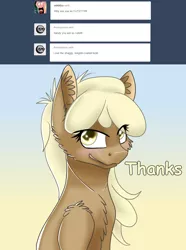 Size: 1000x1347 | Tagged: safe, artist:sintakhra, derpibooru import, mjölna, earth pony, pony, ask sandy pony, blushing, female, mare, solo