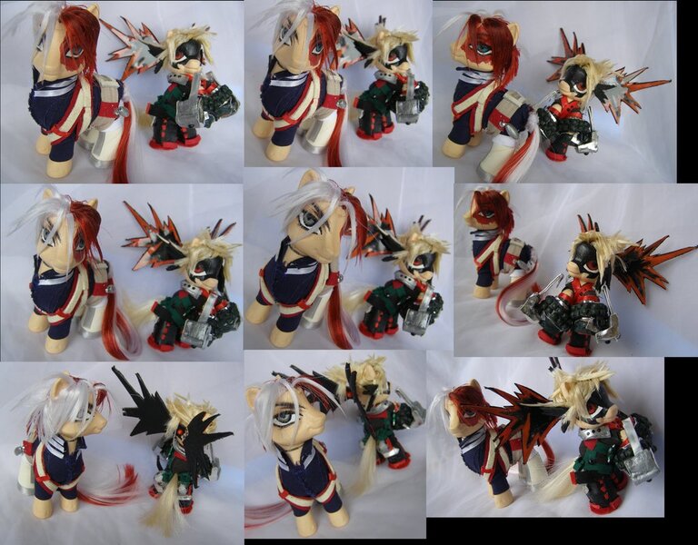 Size: 1024x800 | Tagged: safe, artist:lightningsilver-mana, derpibooru import, ponified, earth pony, pony, custom, duo, ground zero's hero costume, irl, katsuki bakugou, male, my hero academia, photo, quirked pony, shoto todoroki, shoto's hero costume, stallion, toy