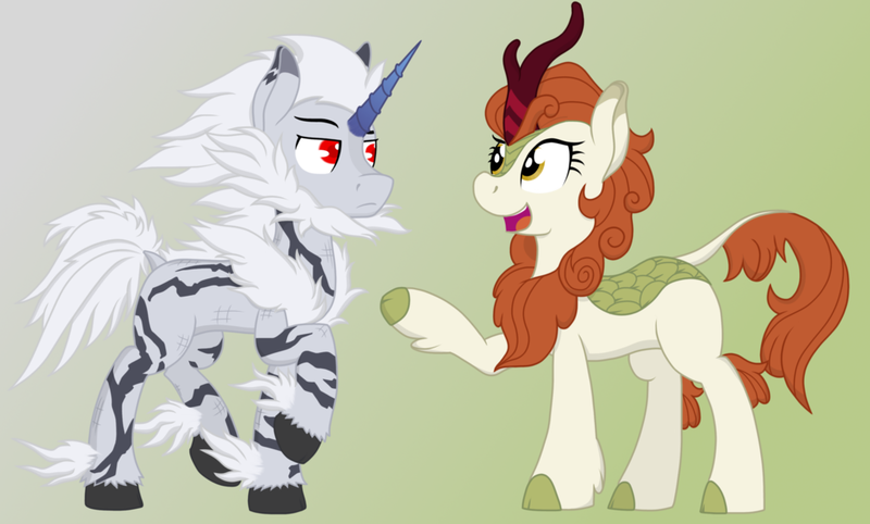 Size: 1024x617 | Tagged: safe, artist:xphil1998, derpibooru import, autumn blaze, kirin, pony, unicorn, sounds of silence, cloven hooves, crossover, female, gradient background, kirin (monster hunter), male, monster hunter, stallion