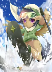 Size: 592x812 | Tagged: safe, artist:夜少, derpibooru import, daring do, pegasus, pony, clothes, female, goggles, jacket, mare, scarf, ski goggles, skiing, snow