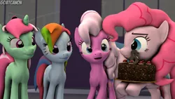 Size: 3840x2160 | Tagged: 35th anniversary, 3d, anniversary, artist:goatcanon, cake, crossover, derpibooru import, food, g1, g1 to g4, g3, g3 to g4, generational ponidox, generation leap, happy birthday mlp:fim, minty bubblegum, mlp fim's eighth anniversary, pinkie pie, pinkie pie (g3), rainbow dash (g3), safe, source filmmaker