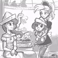 Size: 850x850 | Tagged: allie way, artist:johnjoseco, ask gaming princess luna, cartographer's cap, clothes, derpibooru import, female, filly, fishnets, grayscale, hat, human, humanized, maid, monochrome, moonstuck, plushie, princess luna, safe, socks, statue, stockings, thigh highs, woona, younger