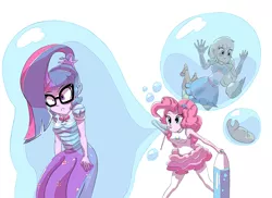 Size: 4400x3200 | Tagged: safe, artist:hananpacha, derpibooru import, applejack, pinkie pie, sci-twi, twilight sparkle, equestria girls, equestria girls series, applejack's hat, blowing bubbles, bubble, bubble wand, cowboy hat, female, floating, glasses, hat, in bubble, ponytail, simple background, trapped, trio, white background