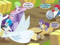 Size: 600x450 | Tagged: safe, derpibooru import, edit, edited screencap, screencap, crackle pop, derpy hooves, diamond tiara, rarity, snips, snips' dad, sweetie belle, pony, the cart before the ponies, angry, applewood derby, cart, cropped, dialogue, helmet, speech bubble, vehicle