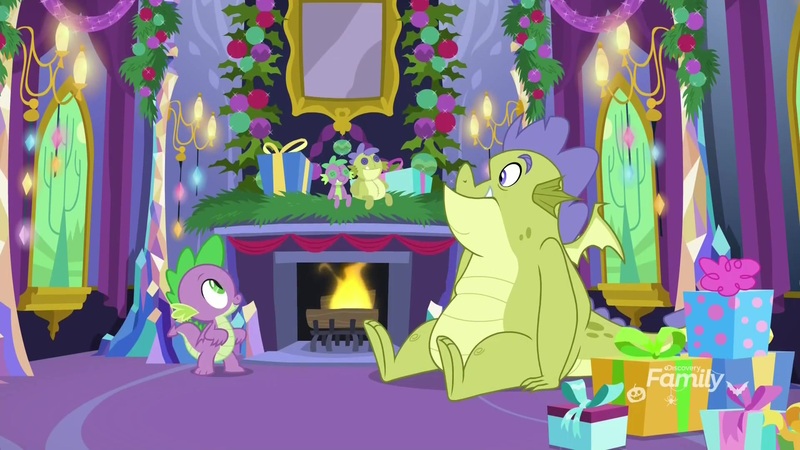 Size: 1920x1080 | Tagged: safe, derpibooru import, screencap, sludge (dragon), spike, dragon, father knows beast, doll, duo, fake hearth's warming eve, fireplace, hearth's warming doll, hearth's warming eve, male, present, toy, winged spike