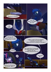 Size: 1024x1448 | Tagged: safe, artist:gashiboka, derpibooru import, princess luna, twilight sparkle, alicorn, pony, unicorn, comic:scar of solar, assassin's creed, braid, braided tail, canterlot, canterlot castle, clothes, comic, dialogue, female, mare, panic, unicorn twilight