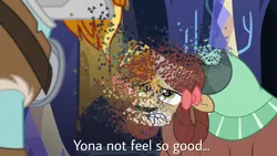 Size: 2560x1440 | Tagged: safe, derpibooru import, edit, edited screencap, screencap, rockhoof, yona, pony, a rockhoof and a hard place, avengers: infinity war, disintegration, i don't feel so good, imminent death, implied death, meme, shitposting, thanos, thanos snap, yonabuse