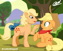 Size: 1750x1428 | Tagged: safe, artist:succubi samus, derpibooru import, applejack, applejack (g1), earth pony, pony, my little pony 'n friends, 35th anniversary, accessory, anniversary, apple, apple tree, applejack's hat, bandana, boop, bow, cloth, clothes, cloud, cowboy hat, cute, cutie mark, duo, estin83, female, field, floppy ears, freckles, g1, g1 to g4, g4, generation leap, generational ponidox, happy birthday mlp:fim, hat, hnnng, hooves, jackabetes, looking at each other, mare, my little pony, noseboop, not sure if want, ponytail, raised hoof, scarf, scrunchy face, show accurate, signature, silly, silly pony, tail bow, tree, underhoof, weapons-grade cute