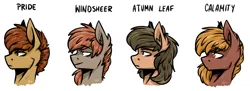 Size: 5328x1933 | Tagged: safe, artist:lrusu, derpibooru import, oc, oc:calamity, oc:colonel autumn leaf, oc:pride (foe), oc:windsheer, unofficial characters only, pegasus, pony, fallout equestria, fanfic, bust, dashite, ear fluff, fanfic art, grand pegasus enclave, male, portrait, simple background, stallion, text, white background