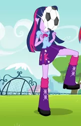 Size: 576x896 | Tagged: safe, derpibooru import, screencap, twilight sparkle, twilight sparkle (alicorn), alicorn, equestria girls, equestria girls (movie), clothes, cropped, female, football, leg warmers, ouch, pleated skirt, shoes, skirt, sports