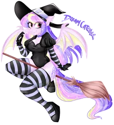 Size: 2083x2272 | Tagged: safe, artist:nekomellow, derpibooru import, oc, oc:dream catcher (nekomellow), anthro, bat pony, bat pony oc, bat wings, breasts, broom, clothes, female, flying, flying broomstick, halloween, hat, holiday, leotard, simple background, socks, solo, striped socks, transparent background, wings, witch, witch hat