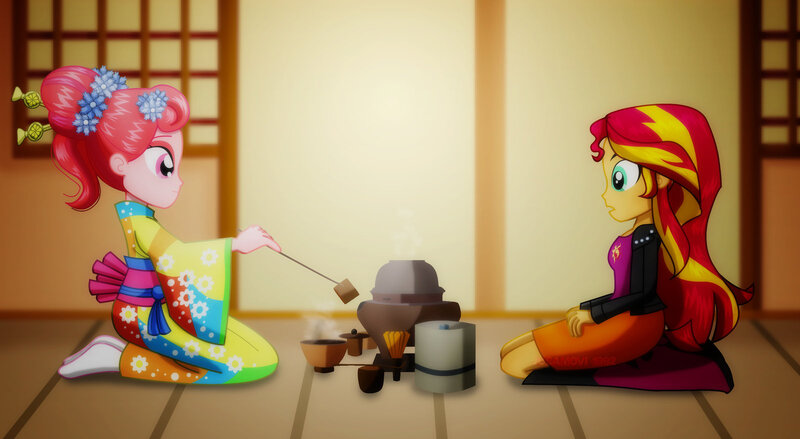 Size: 1600x877 | Tagged: safe, artist:jucamovi1992, derpibooru import, sunset shimmer, oc, oc:flying cherry, equestria girls, clothes, female, food, kimono (clothing), tea, tea ceremony