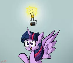 Size: 2299x1984 | Tagged: safe, artist:zsparkonequus, derpibooru import, twilight sparkle, twilight sparkle (alicorn), alicorn, pony, female, idea, light bulb, mare, simple background, smiling, solo