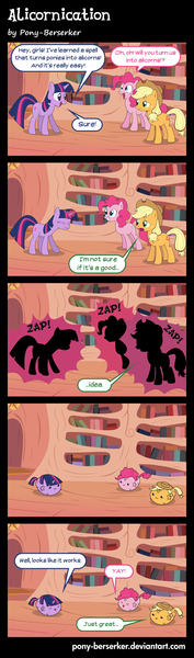 Size: 1271x4320 | Tagged: safe, artist:pony-berserker, derpibooru import, applejack, pinkie pie, twilight sparkle, twilight sparkle (alicorn), alicorn, pony, comic:alicornication, 2013, ><, alicorn flash, alicornification, alicornified, annoyed, book, cheering, chibi, chubbie, comic, concentrating, cute, dialogue, english, excited, exploitable meme, eyes closed, female, frown, glow, glowing horn, golden oaks library, grin, horn, inkscape, library, lidded eyes, magic, magic glow, mare, meme, onomatopoeia, open mouth, ponyscape, race swap, skeptical, smiling, speech bubble, standing, talking, transformation, trio, trio female, twilight's castle, twilight's castle library, vector, worried, yay, zap