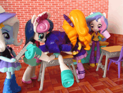 Size: 633x476 | Tagged: suggestive, artist:whatthehell!?, derpibooru import, adagio dazzle, bon bon, princess celestia, rarity, sweetie drops, trixie, equestria girls, animated, ass, butt, chair, classroom, clothes, cup, desk, doll, equestria girls minis, eqventures of the minis, hat, implied spanking, irl, merchandise, photo, principal celestia, rearity, running, running in place, school, skirt, spanking, stop motion, theme park, toy, wat