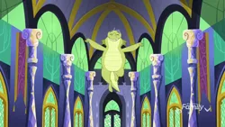 Size: 1920x1080 | Tagged: architecture, ceiling, derpibooru import, dragon, eyes closed, father knows beast, flying, hall, male, safe, screencap, sludge (dragon), solo, twilight's castle, wings