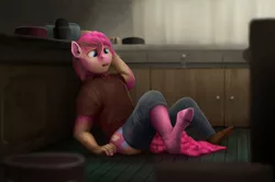 Size: 1000x664 | Tagged: safe, artist:geoffrey mcdermott, derpibooru import, pinkie pie, earth pony, pony, clothes, counter, frog (hoof), human to pony, kitchen, open mouth, pants, pots, ripping clothes, shirt, shoes, sitting, solo, transformation, underhoof