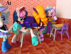 Size: 672x504 | Tagged: safe, artist:whatthehell!?, derpibooru import, adagio dazzle, bon bon, princess celestia, rarity, sweetie drops, trixie, equestria girls, animated, chair, classroom, clothes, cup, desk, doll, equestria girls minis, hat, irl, merchandise, photo, principal celestia, running, running in place, school, skirt, spanking, theme park, toy