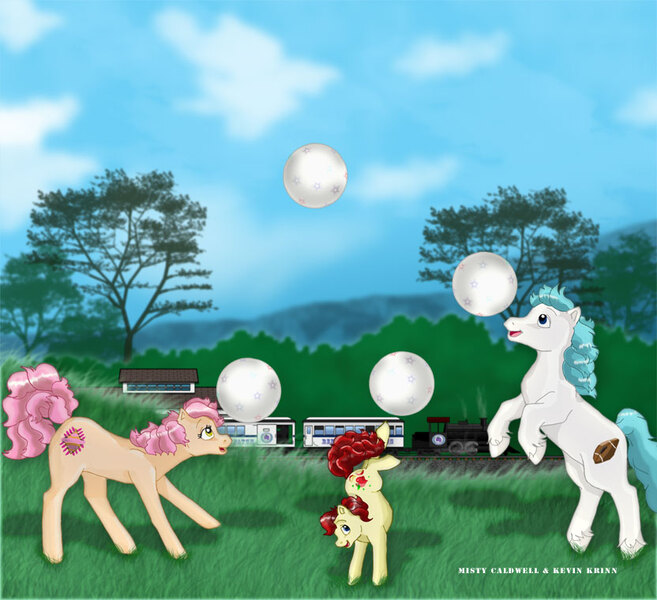 Size: 832x760 | Tagged: artist:anivasion, ball, buddy (g1), derpibooru import, g1, kicking, my little pony tales, offspring, older, parent, patch (g1), safe, train, where are they now