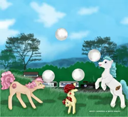 Size: 832x760 | Tagged: artist:anivasion, ball, buddy (g1), derpibooru import, g1, kicking, my little pony tales, offspring, older, parent, patch (g1), safe, train, where are they now