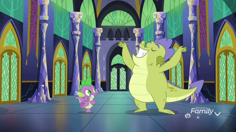 Size: 1920x1080 | Tagged: claws, derpibooru import, discovery family logo, dragon, duo, father knows beast, male, safe, screencap, sludge (dragon), smiling, spike, twilight's castle, winged spike