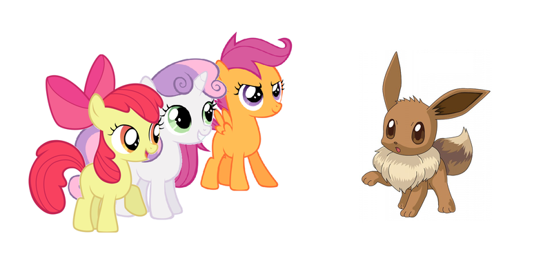 Size: 1930x888 | Tagged: apple bloom, crossover, cutie mark crusaders, derpibooru import, eevee, pokémon, safe, scootaloo, sweetie belle