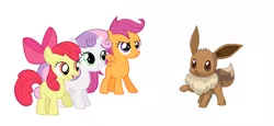 Size: 1930x888 | Tagged: apple bloom, crossover, cutie mark crusaders, derpibooru import, eevee, pokémon, safe, scootaloo, sweetie belle