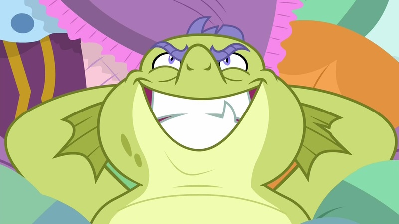 Size: 1920x1080 | Tagged: arm behind head, derpibooru import, dragon, evil grin, father knows beast, fraud, grin, lazy, liar, male, punchable, safe, screencap, sludge (dragon), smiling, solo