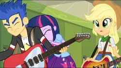 Size: 1278x720 | Tagged: safe, derpibooru import, screencap, applejack, flash sentry, twilight sparkle, twilight sparkle (alicorn), alicorn, equestria girls, rainbow rocks, applejack's hat, bass guitar, clothes, cowboy hat, eyes closed, female, freckles, guitar, hat, jacket, male, musical instrument, skirt, stetson