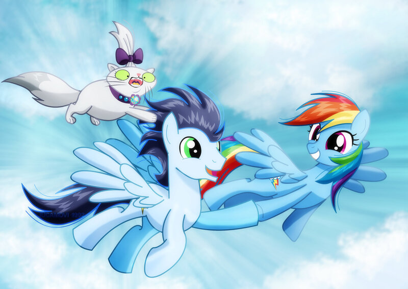 Size: 1600x1131 | Tagged: safe, artist:jucamovi1992, derpibooru import, opalescence, rainbow dash, soarin', cat, pegasus, pony, female, flying, male, shipping, soarindash, straight