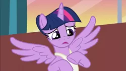 Size: 1229x692 | Tagged: safe, derpibooru import, screencap, twilight sparkle, twilight sparkle (alicorn), alicorn, pony, a royal problem, ballerina, clothes, female, frown, sad eyes, solo, tutu, twilarina, wings, worried