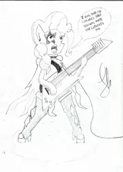 Size: 1568x2188 | Tagged: safe, artist:jenjan23all, derpibooru import, pinkie pie, anthro, earth pony, unguligrade anthro, band, guitar, kiss (band), lineart, musical instrument, parody, rock, singing, soft, solo, speech, talking, tattoo