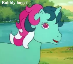 Size: 648x567 | Tagged: bronybait, cropped, cute, derpibooru import, edit, edited screencap, fizzy, fizzybetes, g1, hug request, my little pony 'n friends, safe, screencap, text, the ghost of paradise estate, tree, twinkle eyed pony