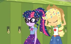 Size: 1146x720 | Tagged: safe, derpibooru import, screencap, applejack, sci-twi, twilight sparkle, best trends forever, equestria girls, equestria girls series, applejack's hat, belt, best trends forever: pinkie pie, canterlot high, clothes, cowboy hat, denim skirt, eyes closed, female, freckles, geode of super strength, geode of telekinesis, glasses, hat, lockers, magical geodes, messy hair, ponytail, skirt, stetson