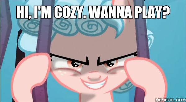 Size: 600x330 | Tagged: safe, derpibooru import, edit, edited screencap, screencap, cozy glow, pegasus, pony, school raze, bars, caption, child's play, evil grin, female, filly, foal, freckles, grin, image macro, meme, narrowed eyes, pure concentrated unfiltered evil of the utmost potency, pure unfiltered evil, smiling, solo, text, wanna be friends?